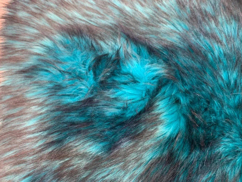 Husky Faux Fur Fabric By The Yard_ Shaggy Long Pile Fake Fur Material/ 2 TONE Fur Turquoise/Black