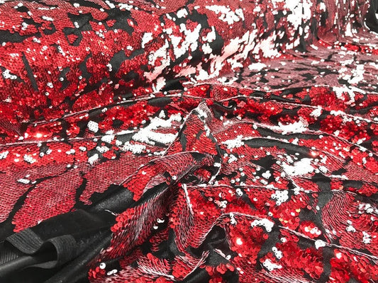 Sequins Flip Two Tone Camouflage Design on a Black Stretch Velvet, Sold by the Yard. Red/White