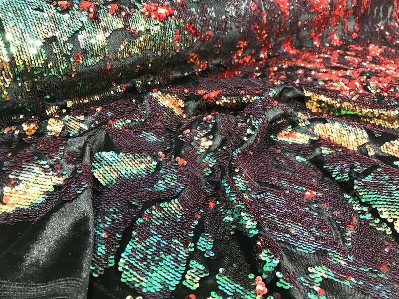Sequins Flip Two Tone Camouflage Design on a Black Stretch Velvet, Sold by the Yard. Red/Green