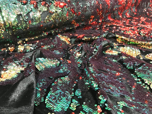 Sequins Flip Two Tone Camouflage Design on a Black Stretch Velvet, Sold by the Yard. Red/Green