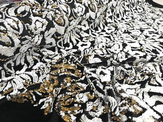 Sequins Flip Two Tone Floral Design on a Black Stretch Velvet, Sold by the Yard. White/Gold