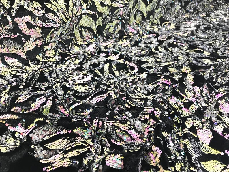 Sequins Flip Two Tone Floral Design on a Black Stretch Velvet, Sold by the Yard. Pink/Silver
