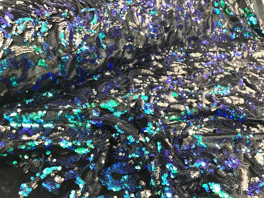Sequins Flip Two Tone Floral Design on a Black Stretch Velvet, Sold by the Yard. Green Iridescent Black
