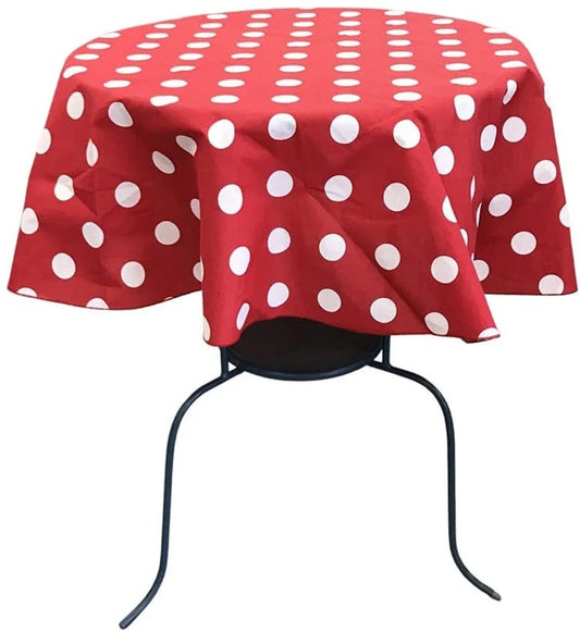 Round Poly Cotton Print Tablecloth (Polka Dot White on Red. Choose Size Below