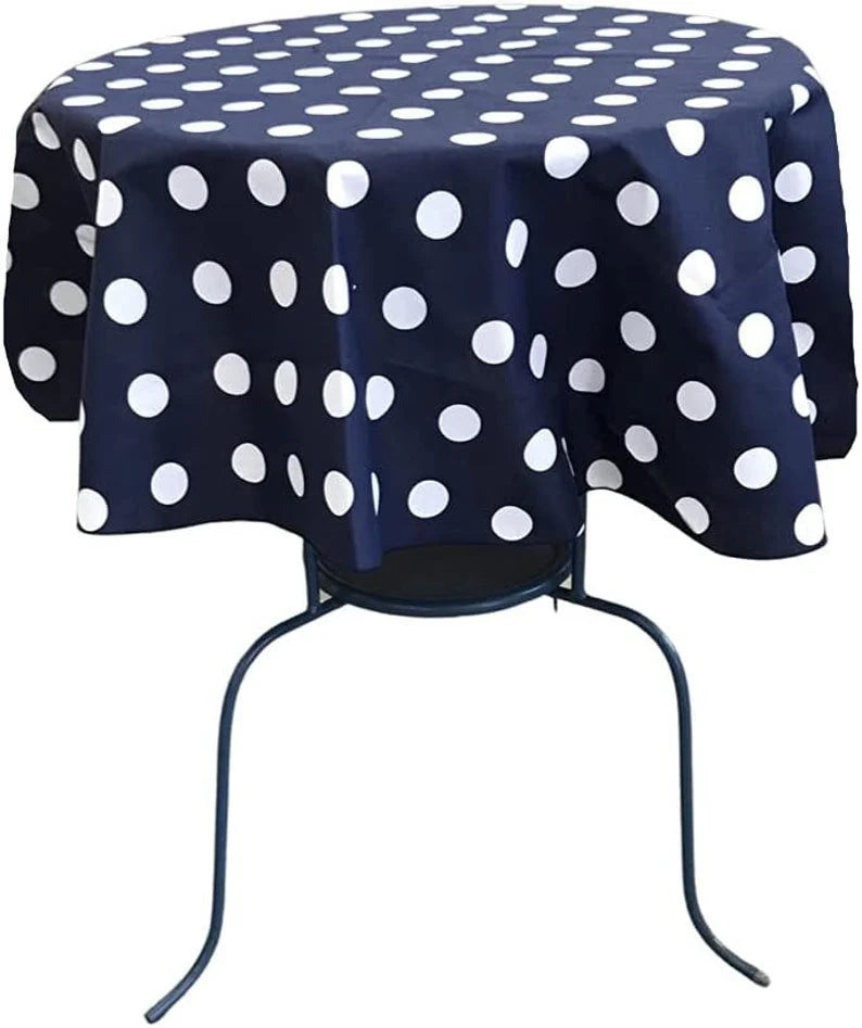 Round Poly Cotton Print Tablecloth (Polka Dot White on Navy. Choose Size Below