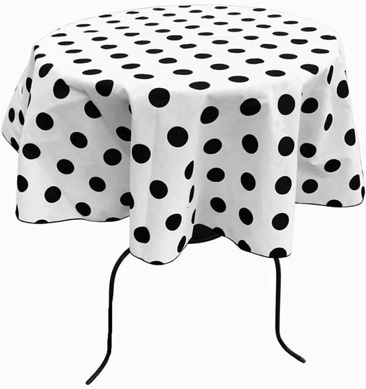 Round Poly Cotton Print Tablecloth (Polka Dot Black on White. Choose Size Below