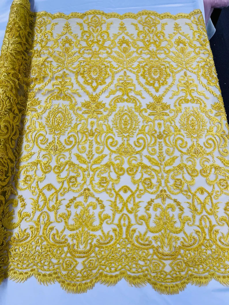 Yellow floral damask embroider and heavy beaded on a mesh lace fabric-sold by the yard-