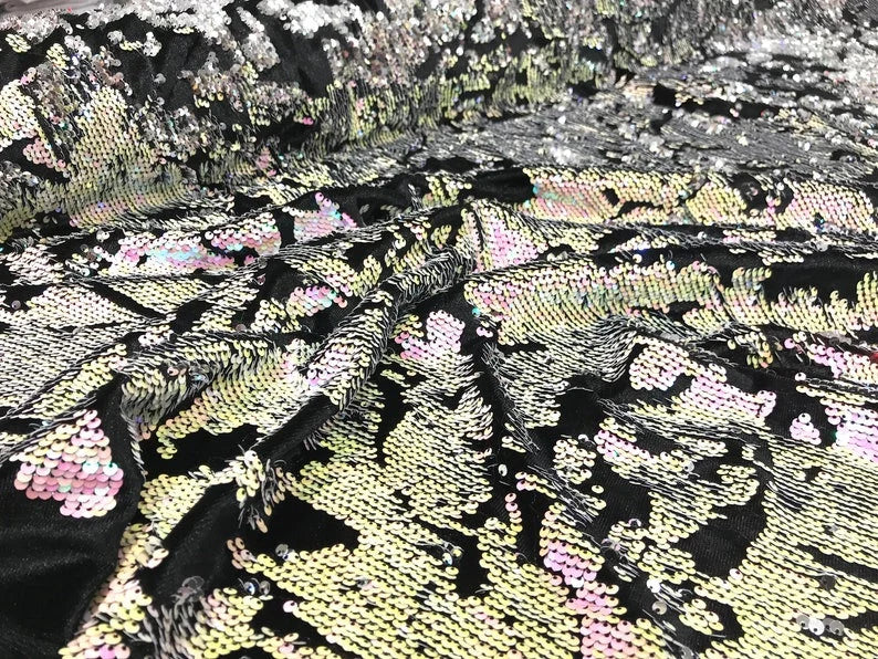 Sequins Flip Two Tone Camouflage Design on a Black Stretch Velvet, Sold by the Yard. Pink/Green