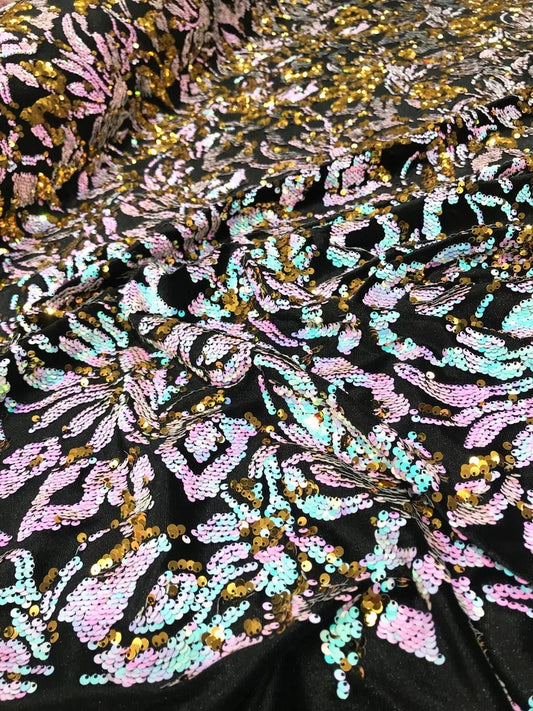Sequins Flip Two Tone Floral Design on a Black Stretch Velvet, Sold by the Yard. Aqua/Gold