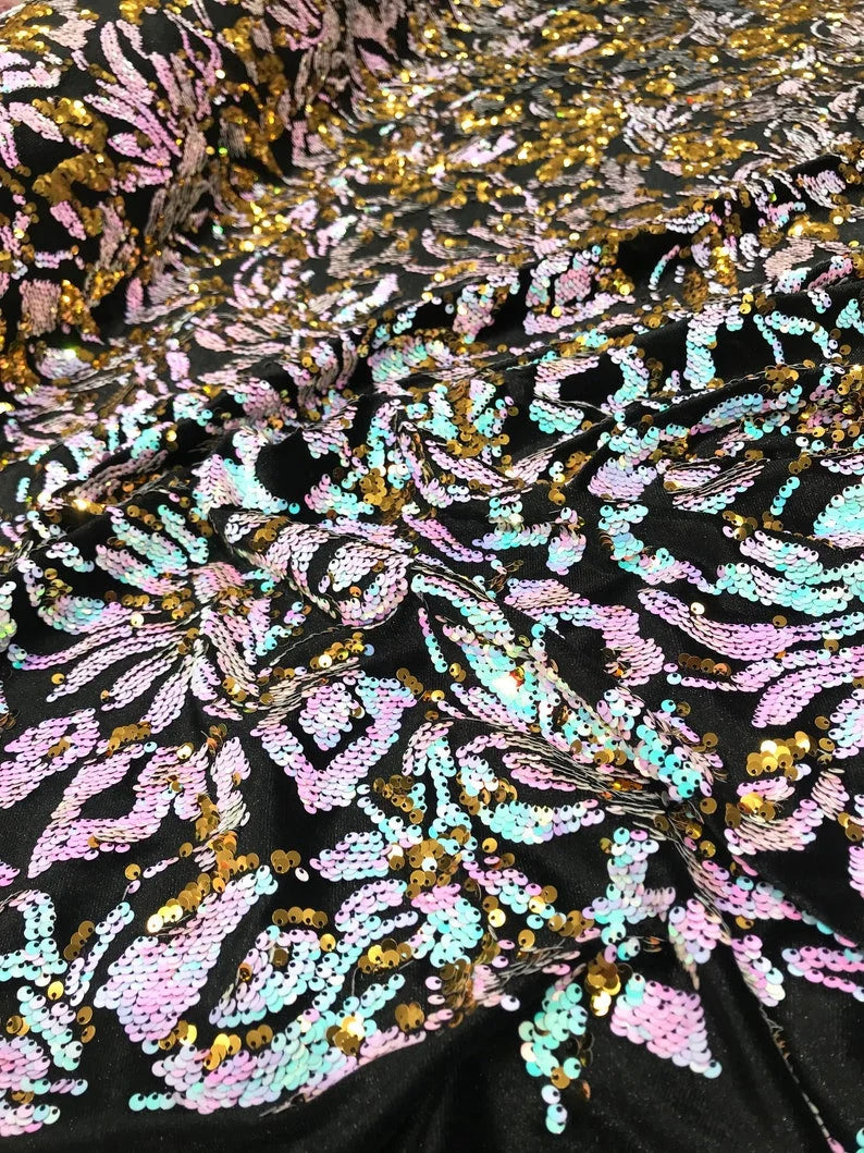 Sequins Flip Two Tone Floral Design on a Black Stretch Velvet, Sold by the Yard. Aqua/Gold