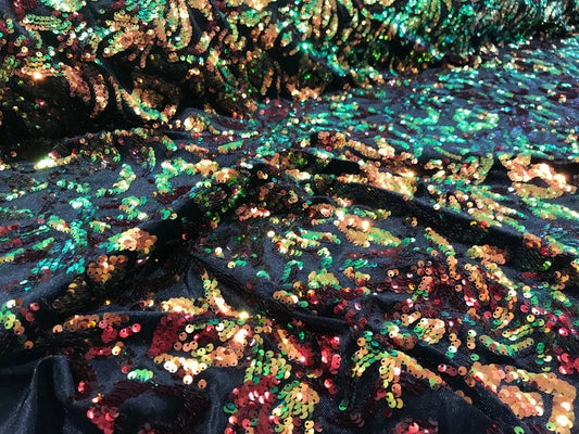 Sequins Flip Two Tone Floral Design on a Black Stretch Velvet, Sold by the Yard. Orange/Green