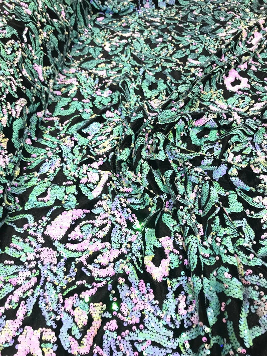 Sequins Flip Two Tone Floral Design on a Black Stretch Velvet, Sold by the Yard. Mint/Pink