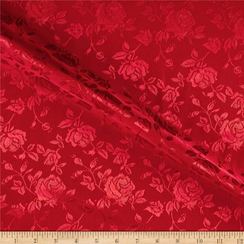 Polyester Flower Brocade Jacquard Satin Fabric, Sold By The Yard. Red