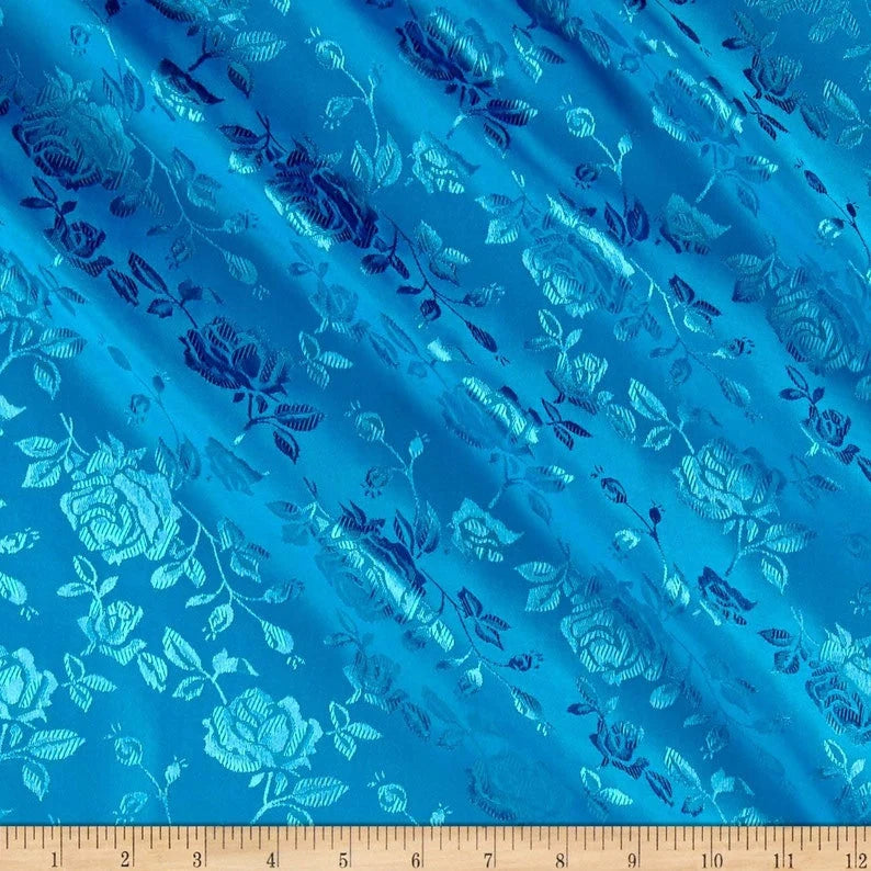 Polyester Flower Brocade Jacquard Satin Fabric, Sold By The Yard. Turquoise