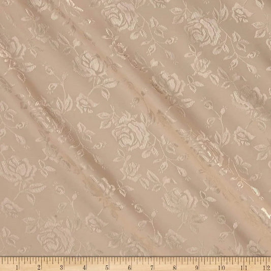 Polyester Flower Brocade Jacquard Satin Fabric, Sold By The Yard. Champagne