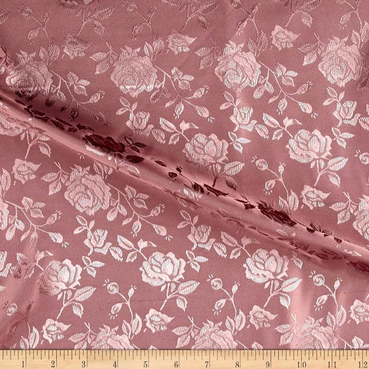 Polyester Flower Brocade Jacquard Satin Fabric, Sold By The Yard. Dusty Rose