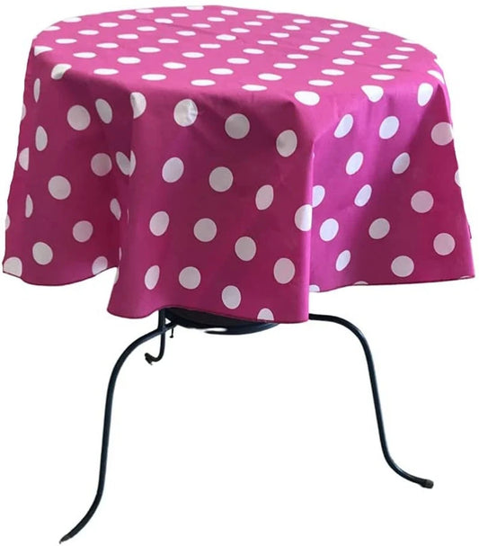 Round Poly Cotton Print Tablecloth (Polka Dot White on Fuchsia. Choose Size Below