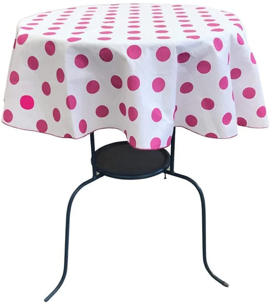 Round Poly Cotton Print Tablecloth (Polka Dot Fuchsia on White. Choose Size Below