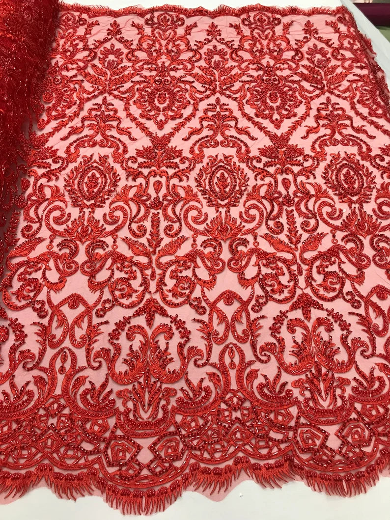 Red floral damask embroider and heavy beaded on a mesh lace fabric-sold by the yard-