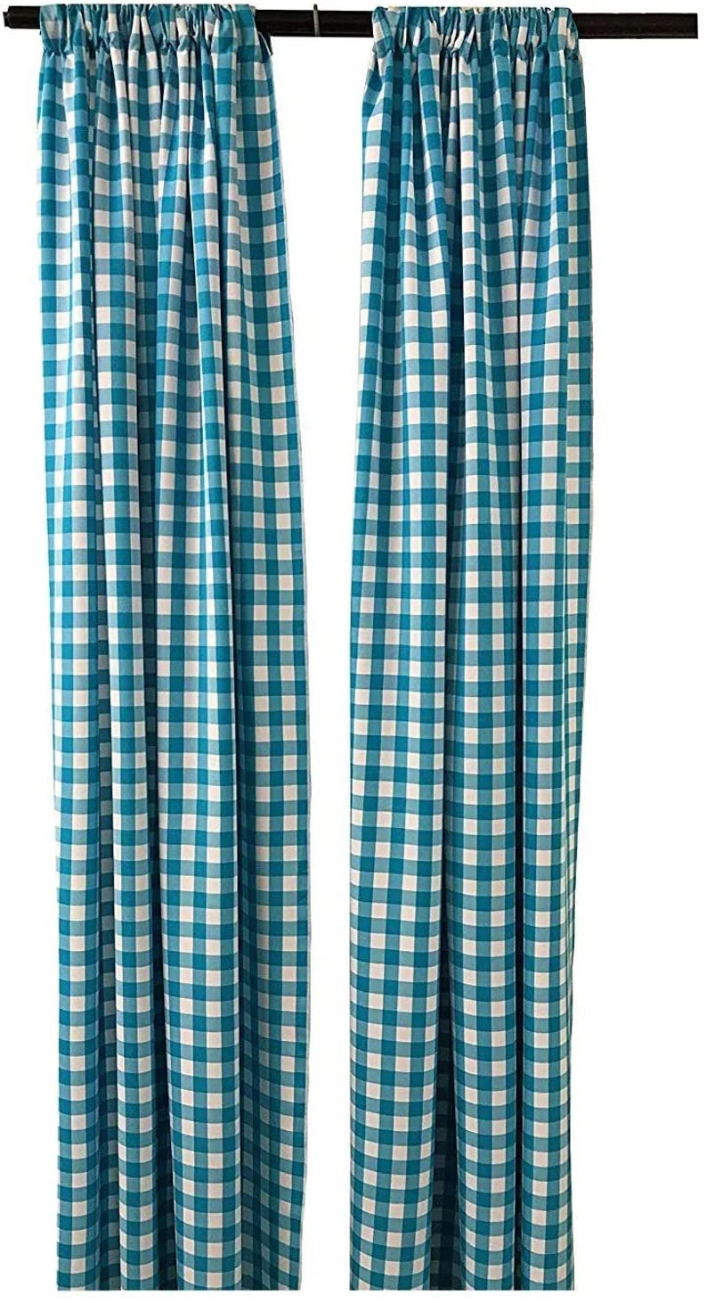 Checkered Country Plaid Gingham Checkered Backdrop Drapes Curtains Panels, Room Divider, 1 Pair - White & Turquoise ) Choose Size Below