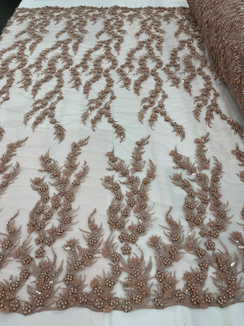 Rose gold 3D floral Vine Design Embroider and heavy beading on a mesh lace-sold by the yard.
