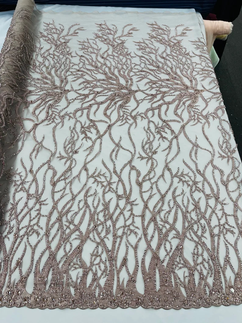 Rose gold Vine Design Embroider and heavy beading on a mesh lace-sold by the yard.