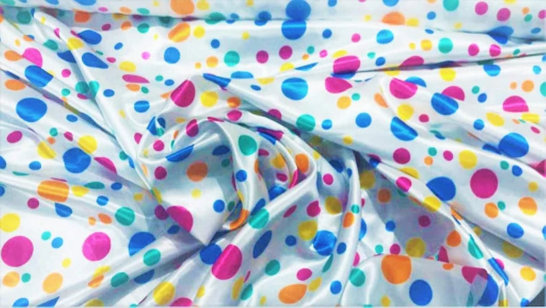 60" Wide 100% Polyester Multi Color Polka Dot Soft Charmeuse Satin Fabric (Multi Color Dot on Teal, 1 Yard)