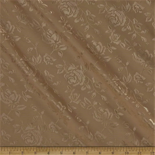 Polyester Flower Brocade Jacquard Satin Fabric, Sold By The Yard. Khaki