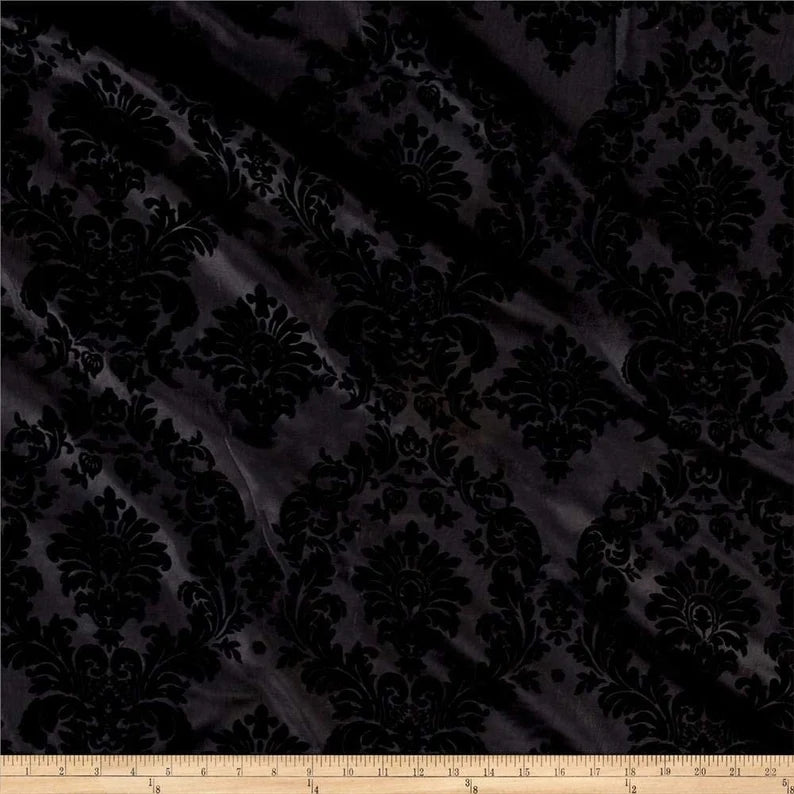 Royalty Flocked Damask Taffetta Black, Fabric by the Yard