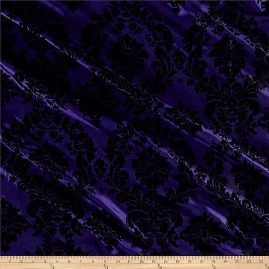 Royalty Flocked Damask Taffetta Purple/Black, Fabric by the Yard