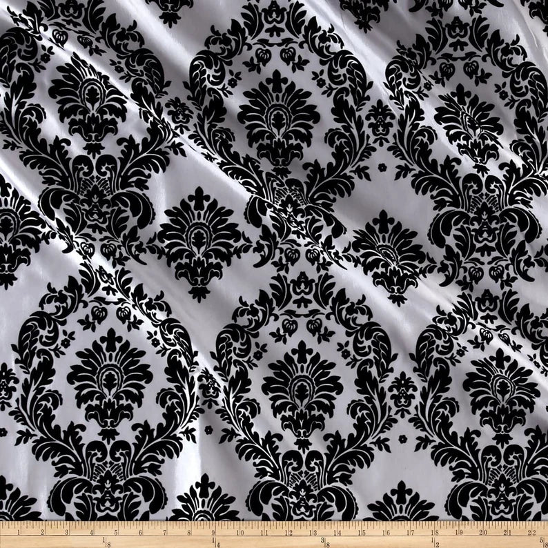 Royalty Flocked Damask Taffetta White/Black, Fabric by the Yard