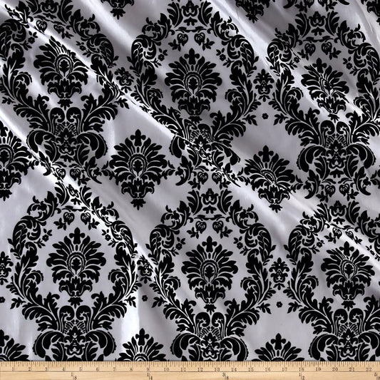 Royalty Flocked Damask Taffetta White/Black, Fabric by the Yard