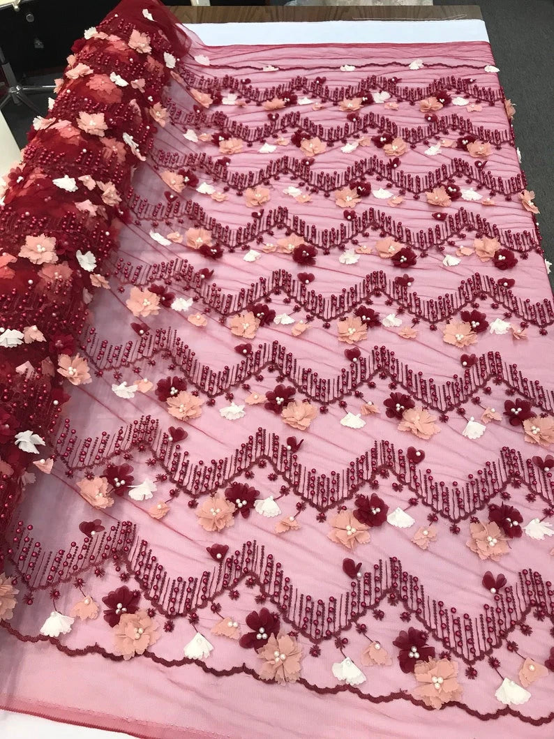 3D Multi Color Chiffon Flowers Embroidery With Pearls Chevron Design on a Mesh Lace-Dresses-Prom-Nightgown-Sold by Yard. Burgundy