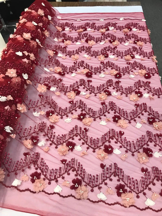 3D Multi Color Chiffon Flowers Embroidery With Pearls Chevron Design on a Mesh Lace-Dresses-Prom-Nightgown-Sold by Yard. Burgundy