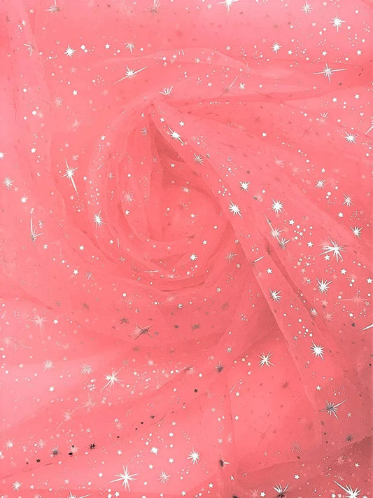 60" Wide Foil Star Silver on Sheer Organza Fabric by The Yard ( Coral , by The Yard)