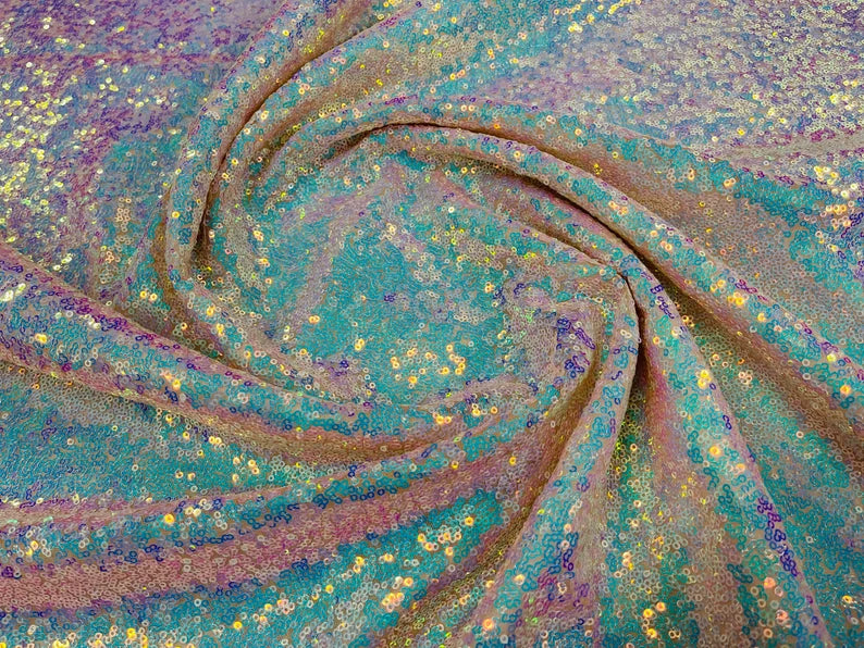 Aqua iridescent mermaid fish scales-mini glitz sequins embroider on a 2 way stretch mesh fabric-sold by the yard-
