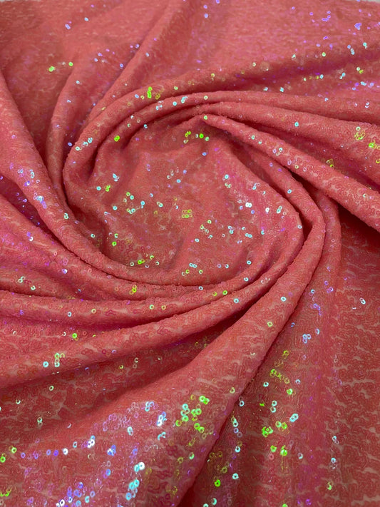 Coral iridescent mermaid fish scales-mini glitz sequins embroider on a 2 way stretch mesh fabric-sold by the yard-