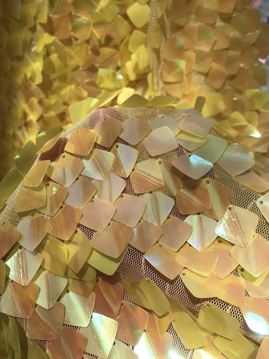 Yellow Iridescent Sequins-Dragon Scales Embroider on a Mesh-Sold by the Yard.