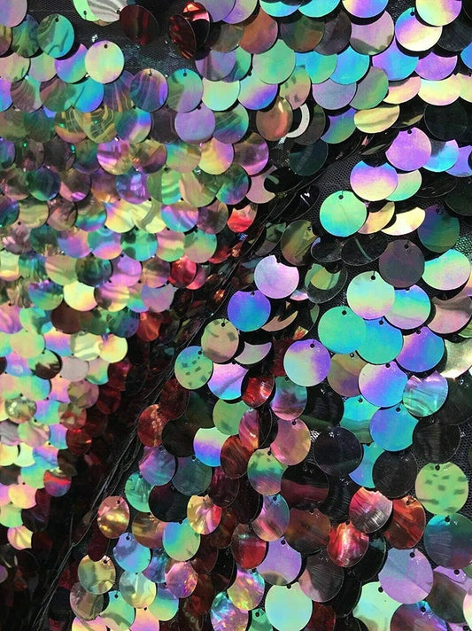Fish Scale Paillette 18mm Mermaid Round Sequin Pearl Fabric By The Yard Black Iridescent