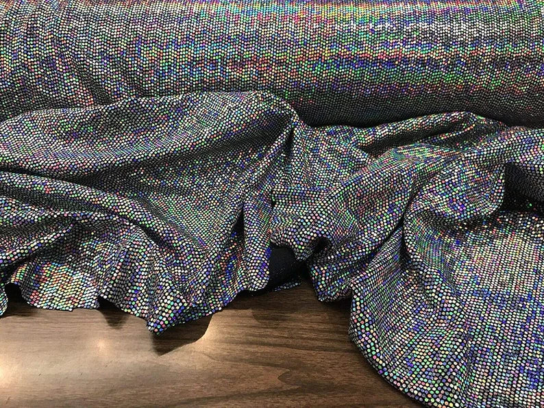 Iridescent Hologram Round Sequins on Spandex Fabric by The Yard (Silver on Black, by The Yard)