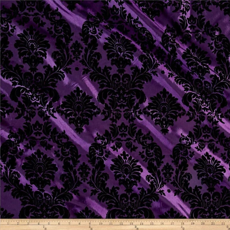 Royalty Flocked Damask Taffetta Light Plum/Black, Fabric by the Yard