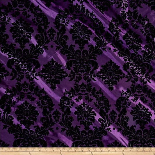 Royalty Flocked Damask Taffetta Light Plum/Black, Fabric by the Yard