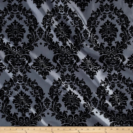 Royalty Flocked Damask Taffetta Silver/Black, Fabric by the Yard
