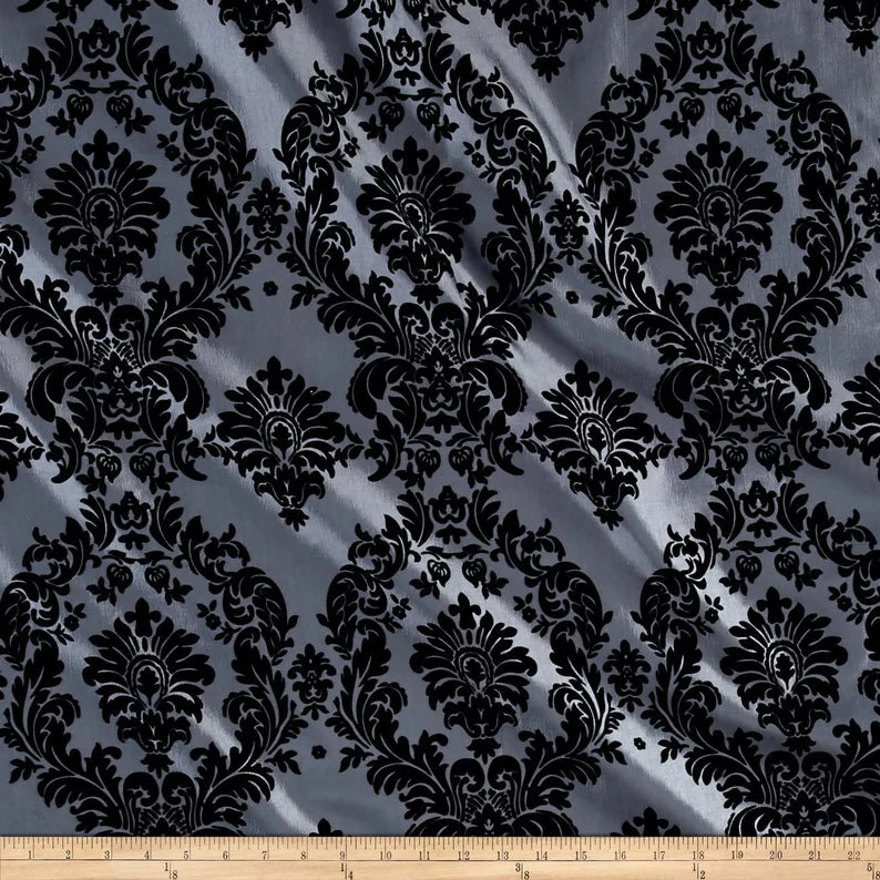 Royalty Flocked Damask Taffetta Silver/Black, Fabric by the Yard
