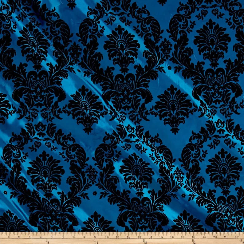 Royalty Flocked Damask Taffetta Teal Black, Fabric by the Yard
