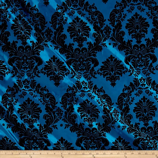 Royalty Flocked Damask Taffetta Teal Black, Fabric by the Yard