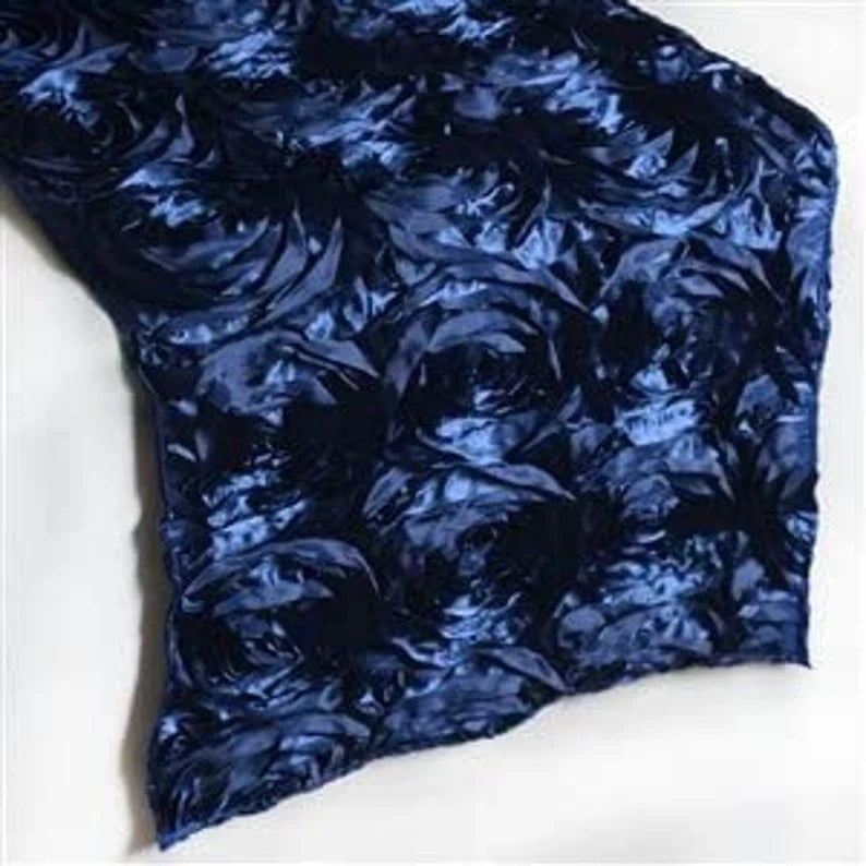 Rosette Satin Table Runner (14” x 108”) | Perfect for Weddings, Birthdays, Home Décor and Others | 3D Large Rose Effect | Navy Blue