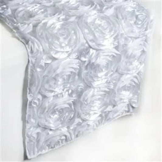 Rosette Satin Table Runner (14” x 108”) | Perfect for Weddings, Birthdays, Home Décor and Others | 3D Large Rose Effect | White