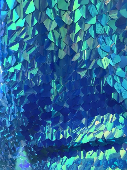 Turquoise Iridescent Sequins-Dragon Scales Embroider on a Mesh-Sold by the Yard.