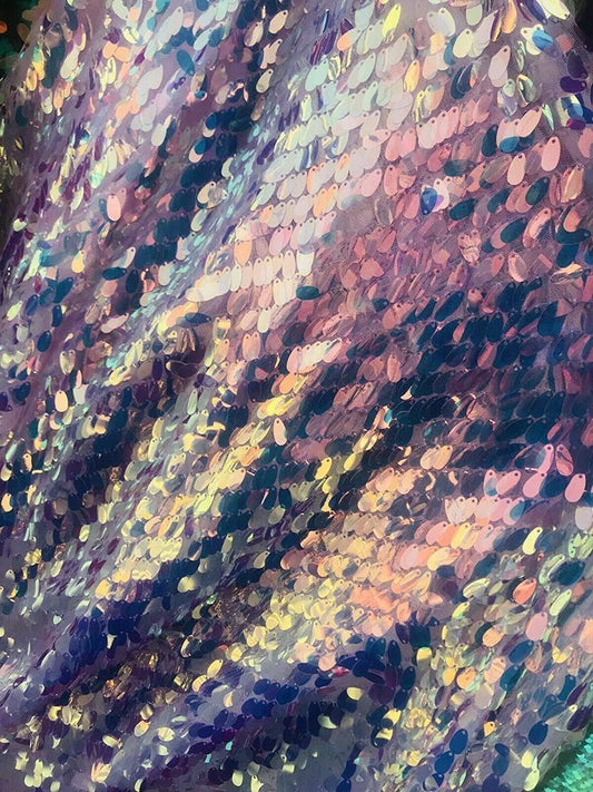 Iridescent 12 MM Teardrop-Decorations-Mermaid Sequins on a Mesh-Sold by Yard. (By the Yard Iridescent Pink)